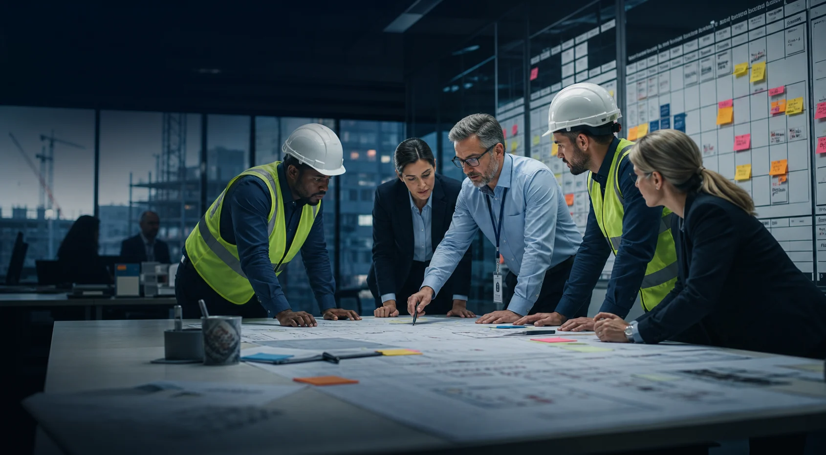 Experts Leanfinity autour de plans, d'un tableau visuel et d'un systeme de pilotage Lean