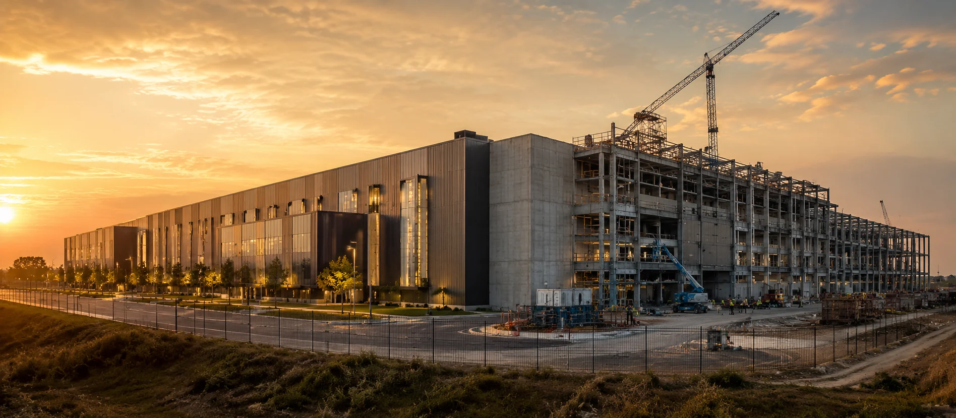 Grand chantier industriel au coucher du soleil