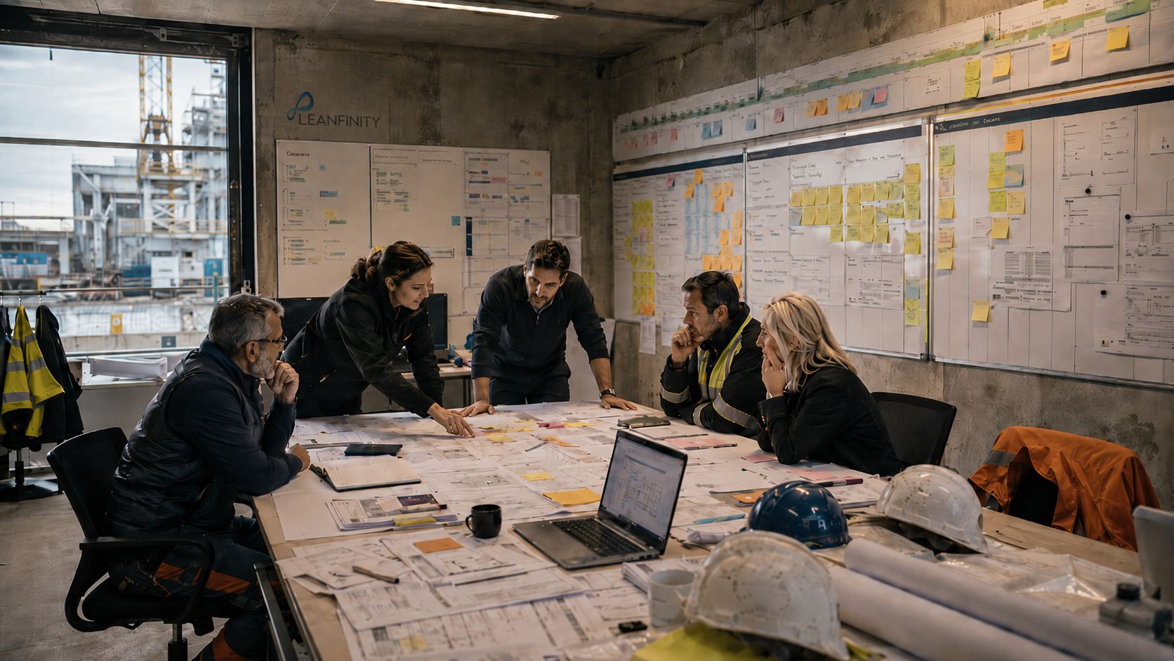 Equipe projet rendant visibles les contraintes autour de plans et d'un tableau de pilotage
