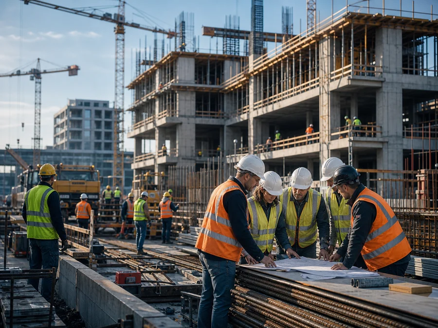 Chantier complexe en pleine activite avec equipes coordonnees et supervision terrain