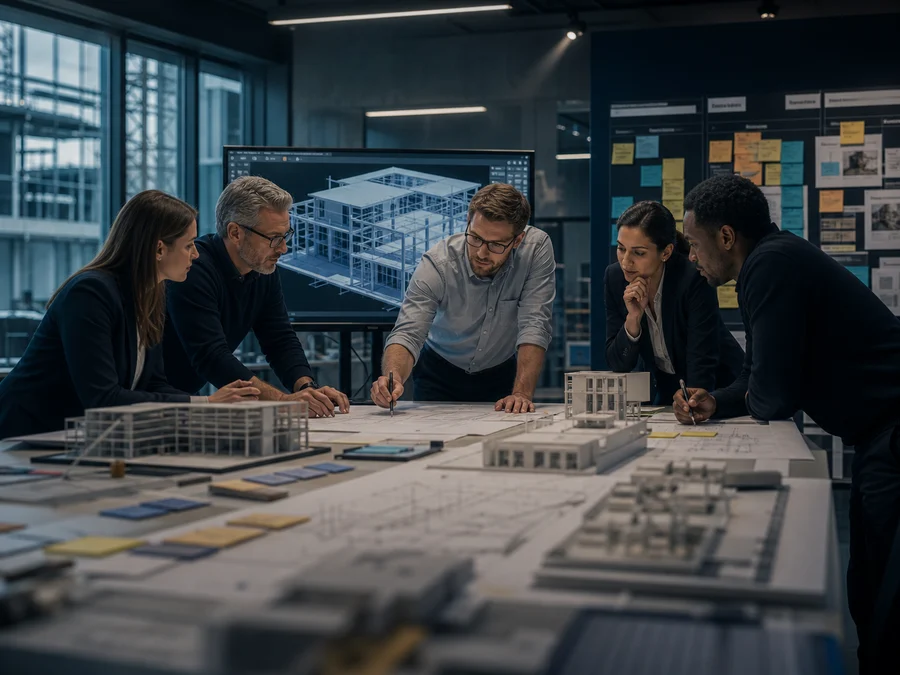 Plateau de conception avec maquettes plans et equipe projet en decision valeur