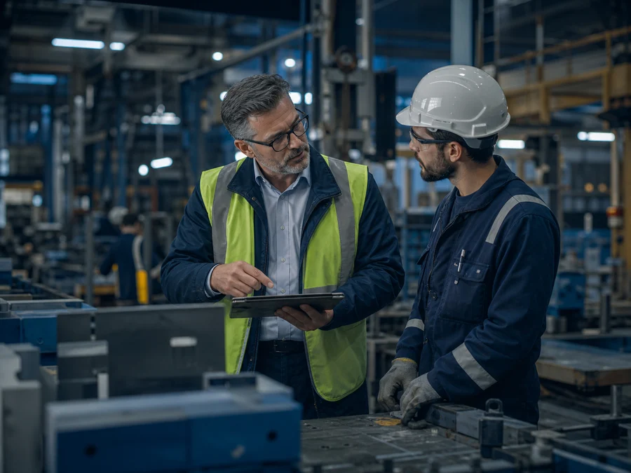Diagnostic Gemba avec encadrant et operateur observant le travail reel