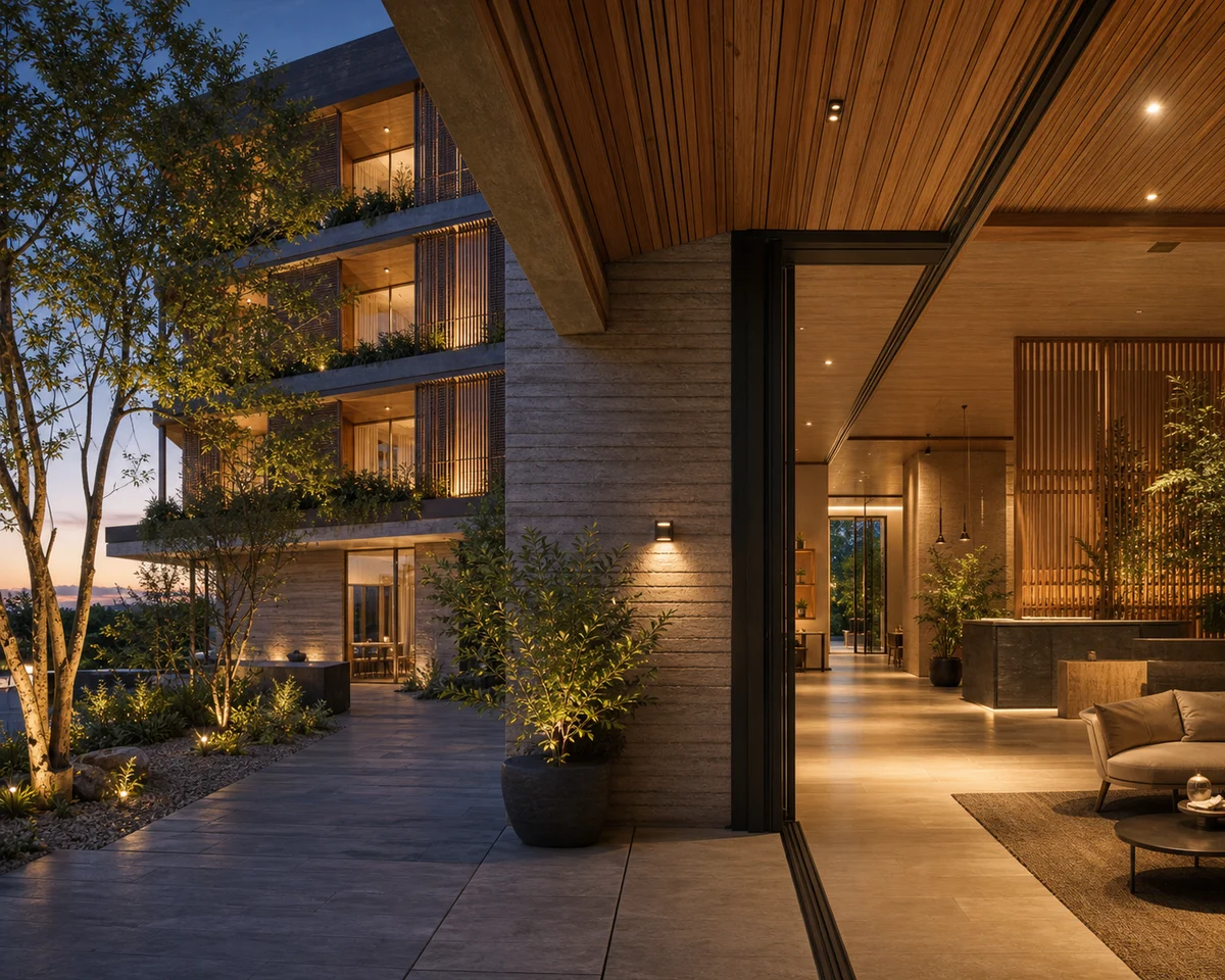 Hotel boutique haut de gamme concu durablement en lumiere du soir