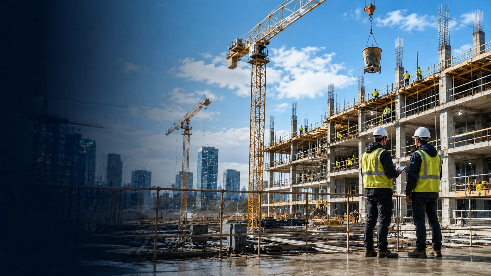 Chantier de construction avec grues et equipes terrain