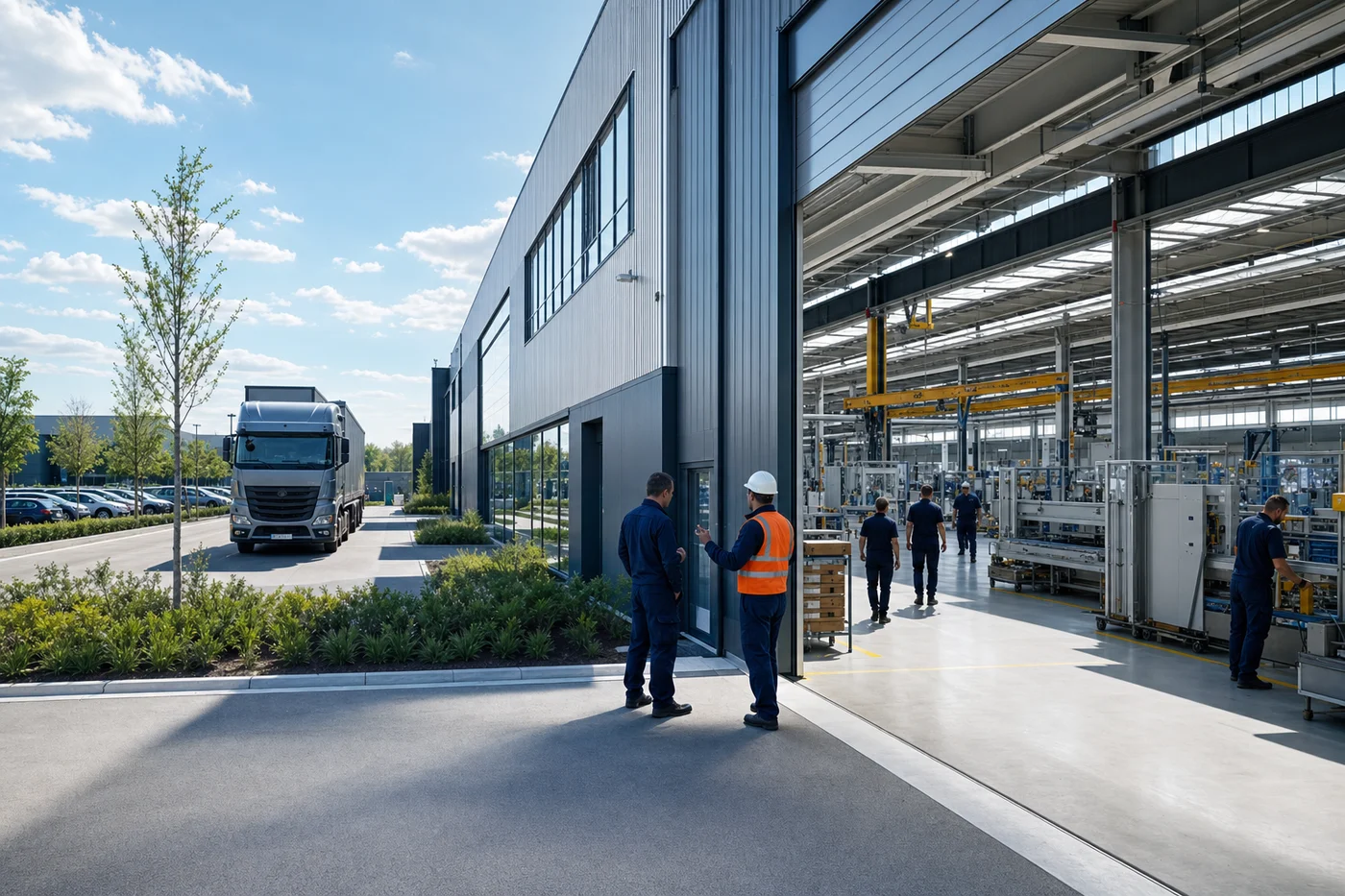 Illustration editoriale d'une unite de production industrielle organisee en flux